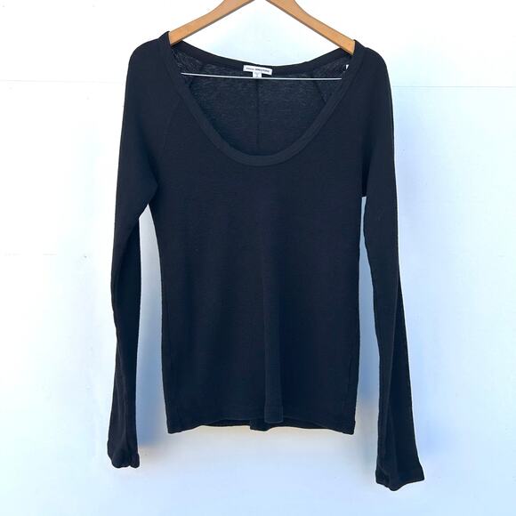 James Perse Black Long Sleeve Thermal Knit Scoop Neck Shirt Cotton Medium Size 2 - Picture 2 of 7
